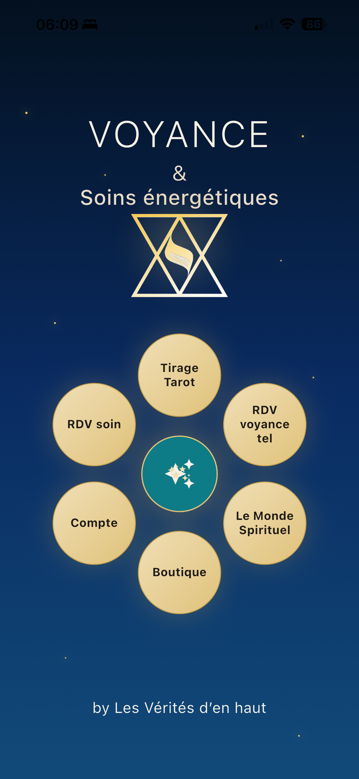 Écran d'accueil de l'app Voyance & Soins — roue cosmique avec 6 catégories