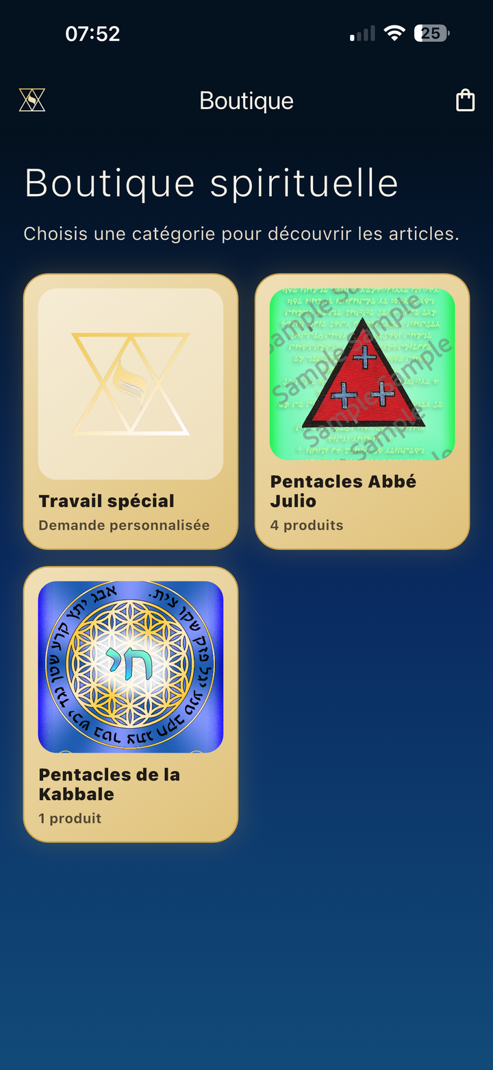 Boutique spirituelle — Pentacles Abbé Julio, Kabbale, créations spéciales