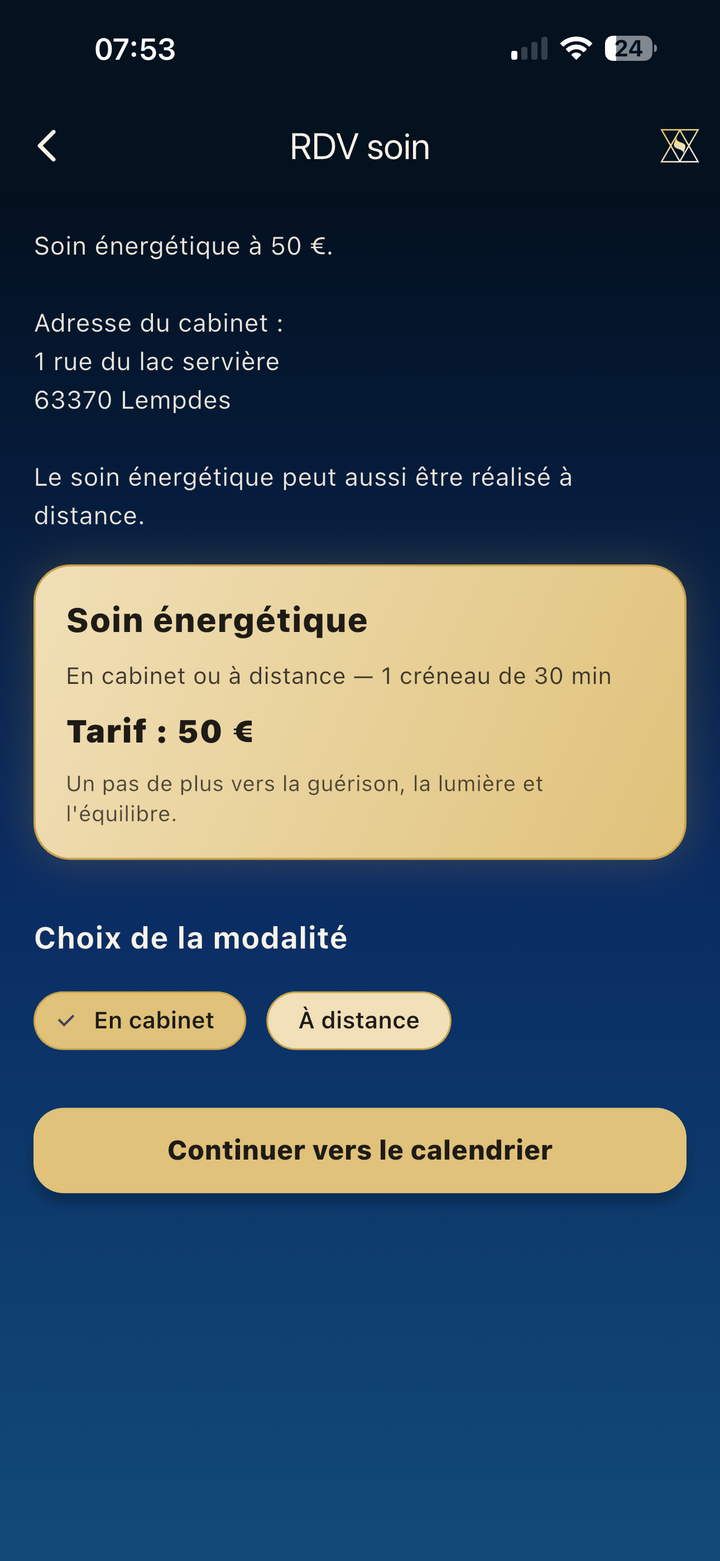 Écran RDV soin énergétique — 50 € en cabinet ou à distance