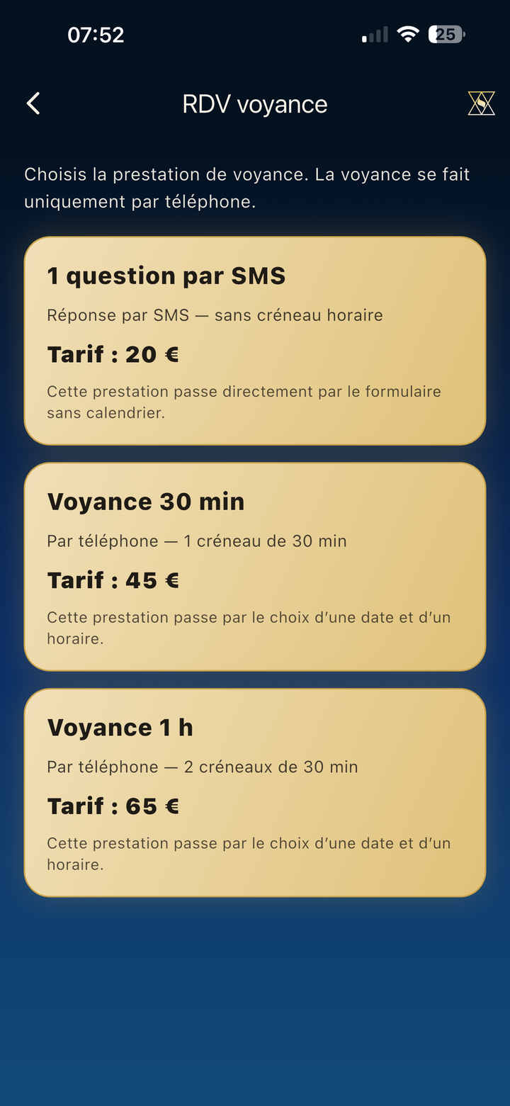 Écran RDV voyance — choix prestation SMS, 30 min ou 1h