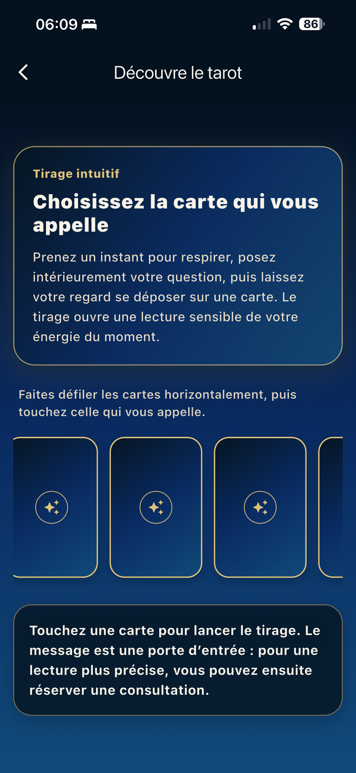 Écran tirage tarot intuitif — choisissez votre carte